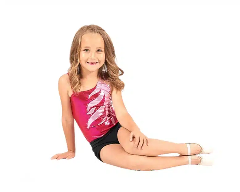 Smiling Young Dancer in Red and Pink Leotard.